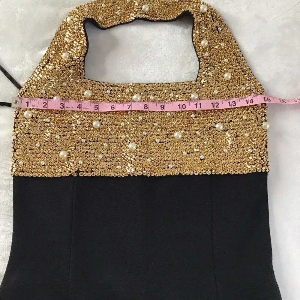 Outlander Studio Gold  Sequence Dress With White Pearls And Black  Bottom size M